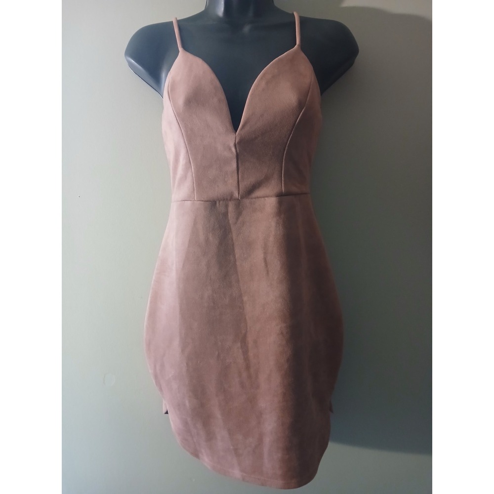 Faux Suede Bodycon Mini Dress Deep V-Neck Spaghetti Strap Dusty Rose Pink - Picture 2 of 6